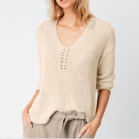 Eileen Fisher Organic Cotton Crochet Linen Tape Box V-Neck Pullover Sweater Ecru - Picture 5 of 8